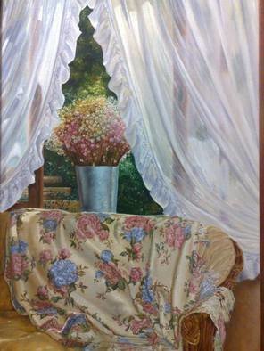 Luiz Henrique Azevedo: 'Itaipava', 2006 Oil Painting, Interior. The pleasure of life in a special season of a special year.  A visit to Itaipava house and the beauty of the flowers in the window and in the quilt while the afternoon pass. ...