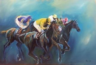 Tom Lund-lack: 'Close Finish', 2005 Oil Painting, Equine. Artist Description: Close finish is in my opinion one of the best pieces I have completed to date. It was executed rapidly to enhance the drama at the end of a close fought race.  The lack of detail and the bright highlights emphasise everthing I think is the essence of ...