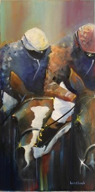 Tom Lund-lack: 'Close Up', 2011 Oil Painting, Equine. Originally inspired by a photograph this heavily cropped image no longer bears much relation to its original form. I wanted the focus to be on the jockeys and the horses heads to create an image that was intense, moving yet had a broad appeal owing to the use of strong ...