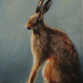 Tom Lund-lack: 'Hare resting', 2014 Oil Painting, Wildlife. Artist Description:  Had a boozy lunch with a friend who had a print of a hare that he was very fond of and challenged me to do one.  This is the result - a hare alert but still just for a moment. ...