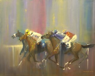 Tom Lund-lack: 'Odds On Favourite Four to Two', 2014 Oil Painting, Equine. Artist Description:  Pace, colour  movement of racehorses and jockeys are the subject of this oil on canvas. Typical of my style, this time with a touch of humour the four to two being the obviously the numbers on the two visible horses. ...