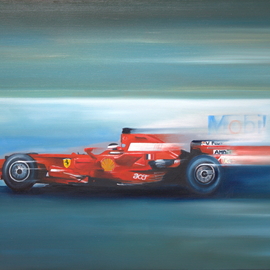 Tom Lund-lack: 'Velocity', 2018 Oil Painting, Automotive. Artist Description:  I could not resist the temptation to paint this very powerful image of a Ferrari, to let rip with the red well actually cadmium red, a cadmium yellow and another colour to get close to the Ferrari colour just had to be done.The Scuderia Ferrari F2008 is ...