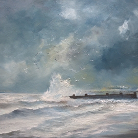 Tom Lund-lack: 'Walk on a winter shore', 2018 Oil Painting, Seascape. Artist Description: A walk on a cold winter day along the shore in Suffolk. The paint has been applied thickly and bullied into place with pallet knives and brushes. The main colours apart from black and white are burnt umber, naples yellow, manganese blue, and a little prussian blue. ...
