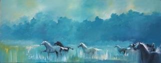 Tom Lund-lack: 'White Horses', 2005 Oil Painting, Equine. Artist Description: I painted this with the idea that of capturing wild horses in romatic landscape.  The work has dreamlike quality about it, a feature which is deliberate. I hope you like it....