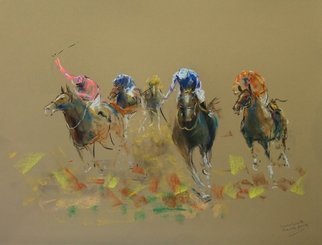 Tom Lund-lack: 'energy 27', 2019 Pastel, Equine. Harder to do than they look, no mistakes allowed.  In this series of pastels the title reflects the energy of the sport of horse racing and the execution of the piece.  The support is 300GSM Mi Teintes pastel paper.  This is a somewhat disorganised field of scattred riders and horses.  ...