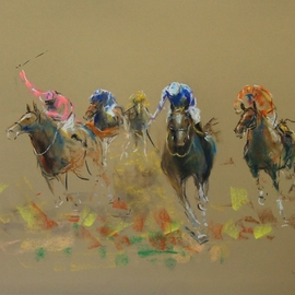 Tom Lund-lack: 'energy 27', 2019 Pastel, Equine. Artist Description: Harder to do than they look, no mistakes allowed.  In this series of pastels the title reflects the energy of the sport of horse racing and the execution of the piece.  The support is 300GSM Mi Teintes pastel paper.  This is a somewhat disorganised field of scattred riders ...