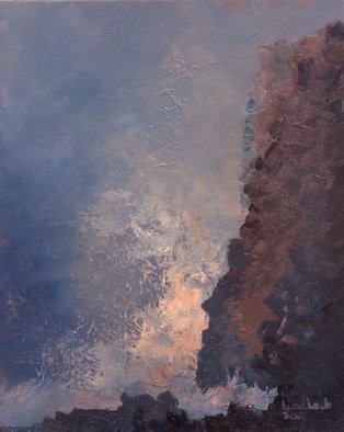 Tom Lund-lack: 'headland breaker', 2018 Oil Painting, Seascape. Expressionist seascape of a wave breaking against a cliff.  Rock and water back lit endeavours to find the heart of the image. ...