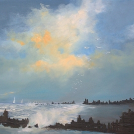 Tom Lund-lack: 'the complaining sea', 2018 Oil Painting, Seascape. Artist Description: The full title of this piece is - The Sea Complains on a Thousand Shores, but that was too long for the title box algorithm.A sunny day along the shore line. I feel that the groynes are like fingers leading your gaze out into sea. Sometimes like the ...