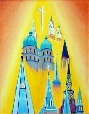 Lora Vannoord: 'Church Steeples', 2011 Oil Painting, Architecture.  Original oil painting on canvas of some of the church steeples seen on the Grand Rapids Michigan skyline.  There is a great show of architecture styles and religious diversity there.  The painting is professionally framed with a 3 wide wooden frame and a 1 inch insert that sets it of...