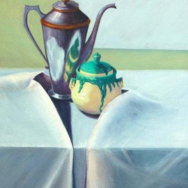 Lora Vannoord: 'Coffee with Sugar', 2011 Oil Painting, Still Life. Artist Description:  An original oil painting on canvas of an old coffee pot and a new sugar bowl. The sugar bowl is a piece of pottery hand made by Susan Johnson. I have an antique frame on it now. This is included if you want it. ...