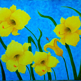 Lora Vannoord: 'Yellow Flowers', 2012 Oil Painting, Floral. Artist Description: Original Oil painting on canvas board of a yellow flowers from my friends garden.  I used a striking and busy blue to contrast the glowing yellow of the flowers.  Also available in the POD section. ...