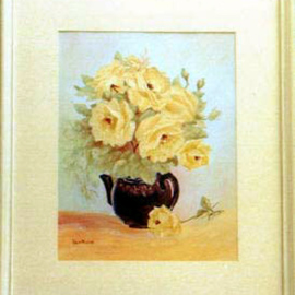 Lora Vannoord: 'Yellow Roses in Teapot', 2011 Oil Painting, Floral. Artist Description:  Oil painting of yellow roses in a teapot on canvas paper. It is in a white 1 inch frame with a wide mat and glass....