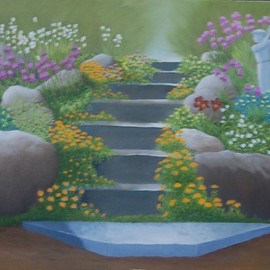 Lora Vannoord: 'anns garden', 2018 Oil Painting, Garden. Artist Description: Original oil painting on Canvas Board of Ann s lovely spring garden featureingthe steps to her home and a statue of a gulfer, that reminder everyone of her husband who loved his gulfing...