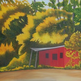 Lora Vannoord: 'the red shed', 2018 Oil Painting, Abstract Landscape. Artist Description: This is an original oil painting on canvas board of an old red shed on the edge of the forest in the fall.  Lovely fall yellow leaves dominate the painting with the full sun playing with the focus of the leaves.  Included is a deep Cherry custom frame ...