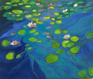 Lynne Friedman: 'Lily Pond', 2022 Oil Painting, Abstract Landscape.  lily pond, water, landscape, blue, summer, yellow, orange, ...