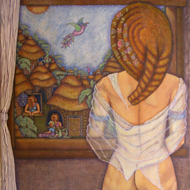 Madalena Lobaotello: 'For there of the window the dream', 2007 Mixed Media, Figurative. Artist Description:  A Woman turned looking at a window what were her dreams. Serie 