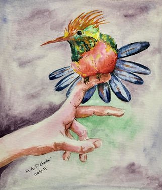 Artist: Mojtaba A Delavar - Title: bird on the hand - Medium: Watercolor - Year: 2019