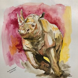 Mojtaba A Delavar: 'running rhinoceros', 2020 Watercolor, Animals. Artist Description: Running Rhinoceros in watercolor...