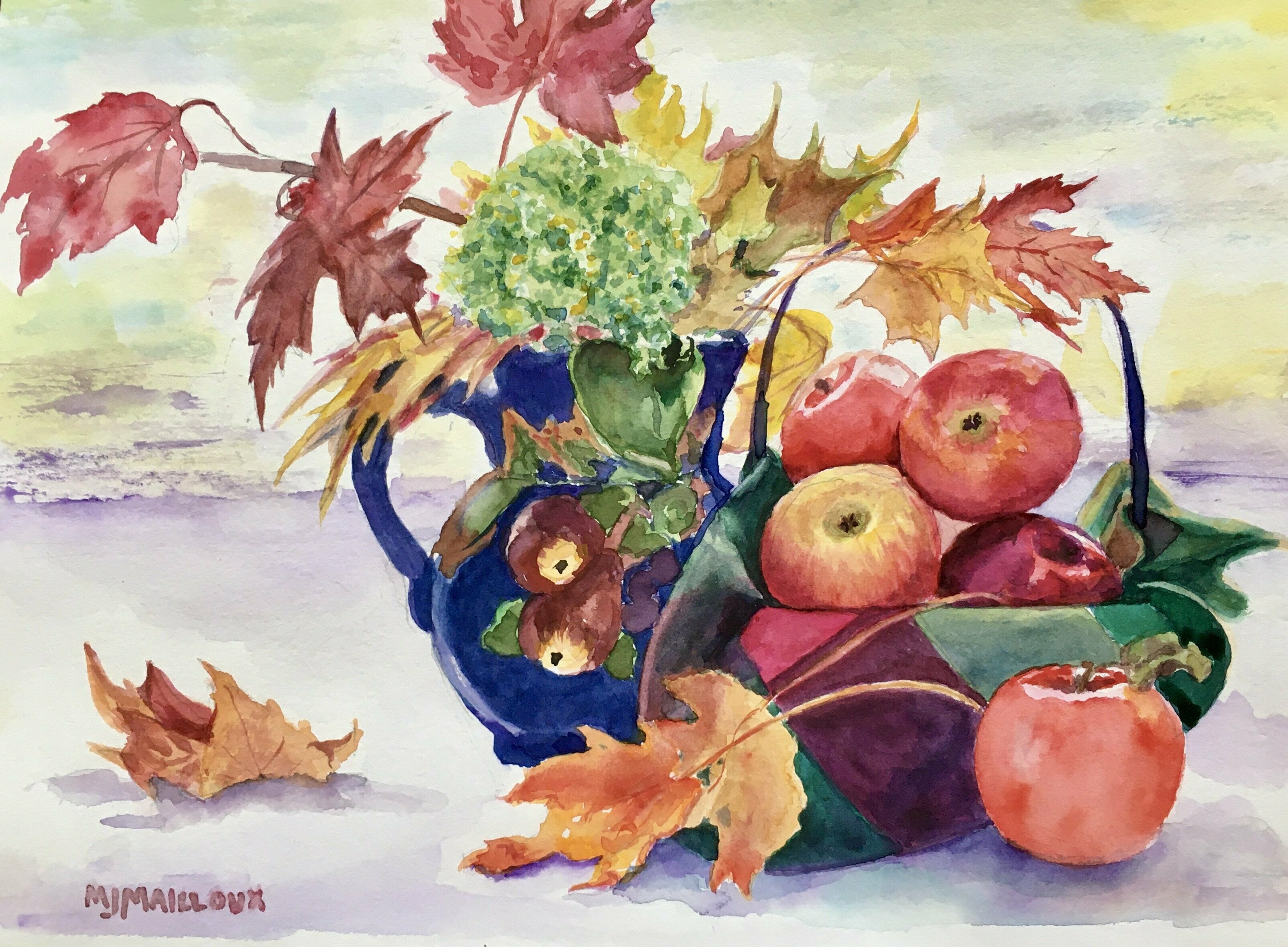Mary Jean Mailloux: 'Fall treasures ', 2023 Watercolor, Still Life.  Inspired by the radiance of this majestic flower, and my love of blue and yellow this piece, painted itself ...