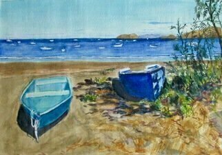 Mary Jean Mailloux: 'beached', 2020 Watercolor, Beach. blue and beige, sun and shadow, texture and tone, all of these elements caught my attention.  Shallow waves on the shore, and bobbing boats out at sea create a desire to be there, to be warm and to drift along like the sand in the wind. ...