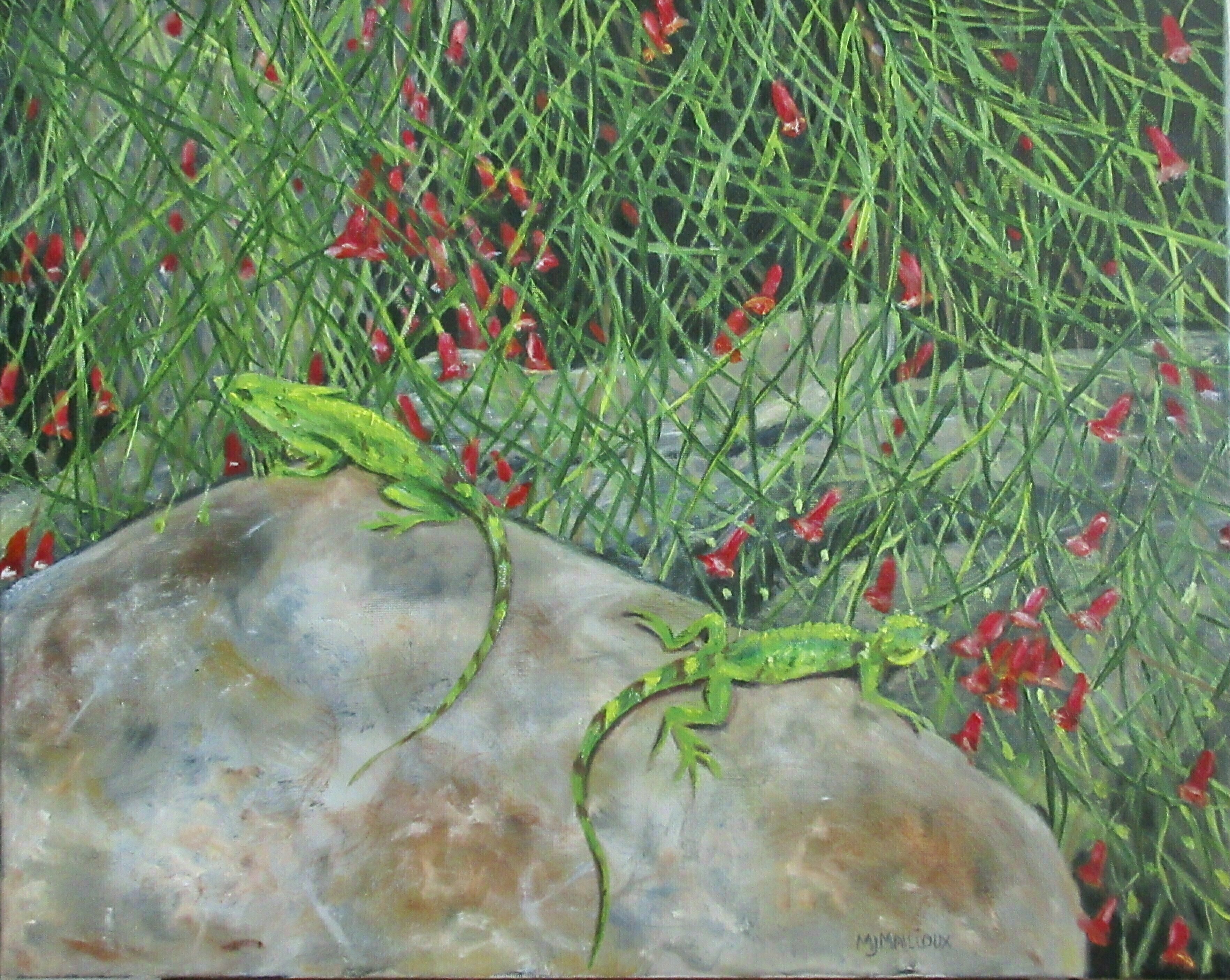 Mary Jean Mailloux: 'costa rica flora and fauna', 2022 Oil Painting, Nature. Two tiny iguanas finding warmth in the morning sunshine, almost hidden by the camouflage of the cascading flowers over the rocks, brought so much brightness to the day.  I hope I have shared the joy I felt. ...