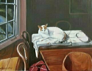 Mary Jean Mailloux: 'still life with cat', 2018 Oil Painting, Still Life. 