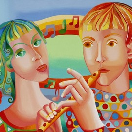 Mairim Perez Roca: 'the musicians', 2018 Acrylic Painting, Music. Artist Description: Technique: Acrylic on canvas Size: 75 cm x 55 cm  Year: 2018Comment: Couple of musicians. The boy is playing the flute and the girl is hearing the melody, the music, the sound. They are in love, they are united by the music. In the background a musical ...
