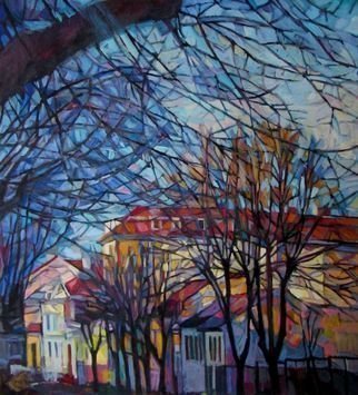 Maja Djokic Mihajlovic: 'autumnal cityscape', 2013 Oil Painting, Urban. urban, city, cityscape, town, autumn, trees, street, colors, canvas, oil...