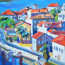 Maja Djokic Mihajlovic: 'seascape', 2010 Oil Painting, Architecture. Artist Description: Sea, seascape, town, mediterranean area, promenade, road, marina, houses, buildings, ...