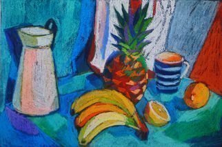 Maja Djokic Mihajlovic: 'still life', 2018 Pastel Drawing, Still Life. still life, banana, pineapple, lemon, classical style, turquoise, blue, yellow, white colour...