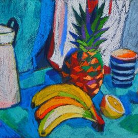 Maja Djokic Mihajlovic: 'still life', 2018 Pastel Drawing, Still Life. Artist Description: still life, banana, pineapple, lemon, classical style, turquoise, blue, yellow, white colour...