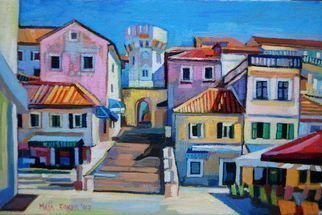 Maja Djokic Mihajlovic: 'sunny square', 2018 Oil Painting, Architecture. DIMENSION IS 30 X 20 X 0,3 CM SEASCAPE, ARCHITECTURE, TOWN, STREET, SUMMER, LIGHT, SUN, ...
