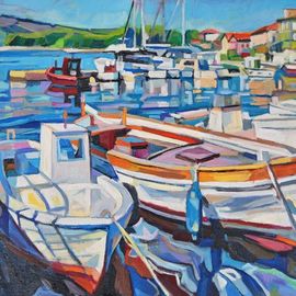 Maja Djokic Mihajlovic: 'white fishing boats', 2016 Oil Painting, Boating. Artist Description: The painting was created in Jelsa, a small coastal town on the island Hvar.  Croatia, Europe View on a coastal city and small stone port with old fishing boats .This is a unique, one of a kind original oil painting. The painting is sold unframed. It is signed ...
