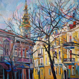 Maja Djokic Mihajlovic: 'yellow street 2', 2012 Oil Painting, Architecture. Artist Description: Urban landscape.Original oil on canvas .This is a unique, one of a kind original oil painting. The painting is sold unframed. It is signed on the front and comes with a Certificate of Authenticity. The painting will be carefully packed in cardboard box with layers of bubble ...