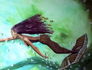 Mamu Art: 'Dream', 2014 Acrylic Painting, Fantasy.  Kleine Meerjungfrau auf der Flucht.Wasser, Meer, Nixe, Fische, Blau, grun, Haare, Blubberblasen, Phantasie, Symbolisch             ...