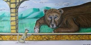 Mamu Art: 'Papa Baer und das Kaetzchen', 2009 Acrylic Painting, Animals.  Das kleine Katzchen mochte so gerne zum dicken Baren in das grune hugelige Land, wo immer die Sonne scheint. Leider trennt sie eine Glaswand voneinander. So bleibt ihnen nur, sich wehmutig anzuschauen.        ...
