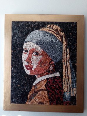 Kristijan Mancovski: 'girl with a pearl earing', 2017 Mosaic, Portrait. this unique mosaic artwork, combination of marble, stone and other semiprecious stones makes this masterpieces ready to create a focal point in your home. Dimensions width 33 cm, height 40 cm....