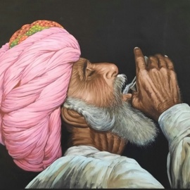Manish Vaishnav: 'indian turban men', 2021 Acrylic Painting, People. Artist Description: Indian man of Rajasthan drinking water. hand made portrait art made on canvas fabric using acrylic colours. its painted using gum mix colour on a strong and durable canvas fabric. acrylic colour is considered the most difficult painting media because of technique, control and time factors. This is ...