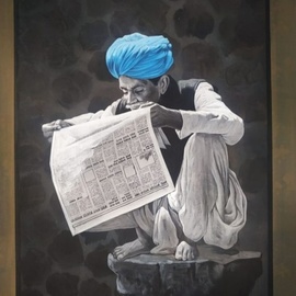 Manish Vaishnav: 'reading news paperneutral', 2021 Acrylic Painting, People. Artist Description: rajasthani Indian turban men reading a news paper hand made painting made on canvas cloth using acrylic colours. its painted using gum mix colour on a strong and durable canvas fabric. colour is considered the most difficult painting media because of technique, control and time factors. This is ...