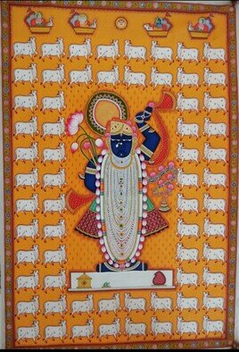 Manish Vaishnav: 'shrinathji pichwai painting', 2022 Acrylic Painting, Religious. This is a Pichwai painting Made of Natural Stone Colors On Pure Cotton Cloth.HOME DECORATIVE PAINTINGHAND PAINTEDSizes Available:40 X 60 InchPichwai is a traditional style of painting from Rajasthan. The word Pichwai stands for hanging at the back  Sanskrit word  Pichh  means back and  wais  ...