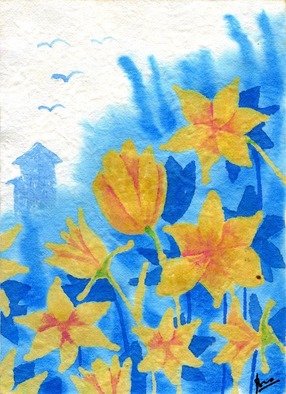 Setyo Mardiyantoro: 'yellow flowers 1', 2011 Other Drawing, Birds.       drawing on paper mounted on cartonplum      ...