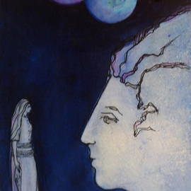 Margaret Stone: 'Discussing The Twin Moons', 2015 Acrylic Painting, Abstract Figurative. Artist Description: What would we do if we looked at the sky one night, after dark, after the sun had set, and, things were not as we expected them to be.  We saw two moons, perhaps twin moons.  Well, we could avoid panic and just discuss it with a friend.  ...