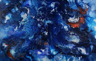 C. Mari Pack: 'Fire and Water', 2015 Acrylic Painting, Abstract.   Original poured large scale poured acrylic painting. Deep blues with accents of orange. It is inspired by the ocean and covered in a clear coat of medium that produces a surf board finish similar to resin. All materials used are archival.  ...