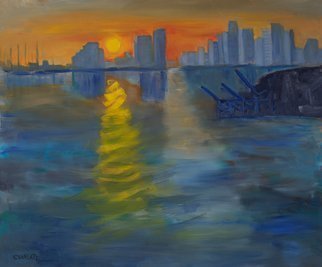 Marino Chanlatte: 'miami sunset expression', 2018 Oil Painting, Seascape. This work, inspired on the Miami Bay and Port, was executed in the Monet impressionist style, following his treatment of the seascape Impression, Sunrise at the port of Le Havre. This is not a realistic or photographic scene, but a spontaneous work. I had a lot of fun painting this ...