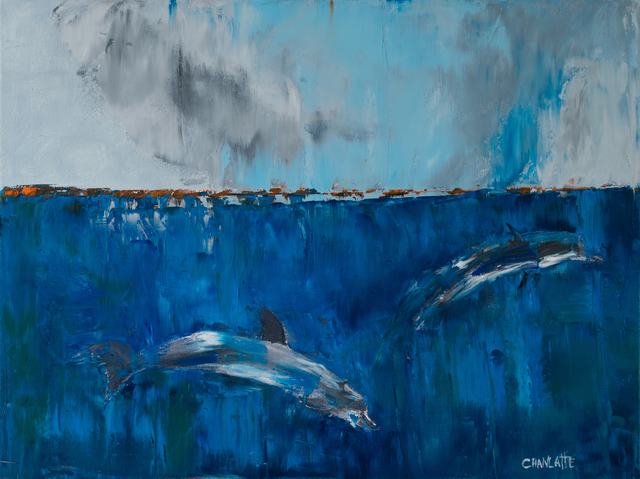 Marino Chanlatte  'Ocean With Dolphins', created in 2017, Original Pastel Oil.