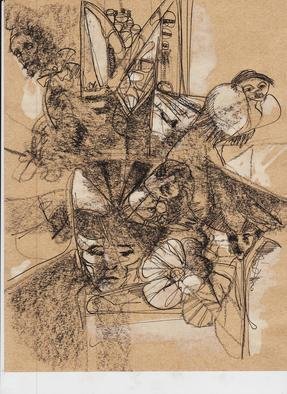 Mario Ortiz Martinez: 'papers of apocalypse 4', 2019 Pen Drawing, Abstract Figurative. STUDY ON COLORED PAPER ABOUT FREE ASSOCIATION WITH ANIMALS, OBJECTS, INDIVIDUALS, SEA AND LANDSCAPES, TRYING TO FIGURE AN IRRATIONAL TALE IN AN OFF TIME SCENE, TEATRAL, CLASSIC, ENGRAVING, MEMORIES, MEDITATION. ...