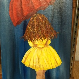 Elisabeth Wells: 'city girl red umbrella', 2016 Acrylic Painting, Impressionism. Artist Description: Origional artwork painted by me of a woman dressed in a yellow dress walking with a red umbrella...