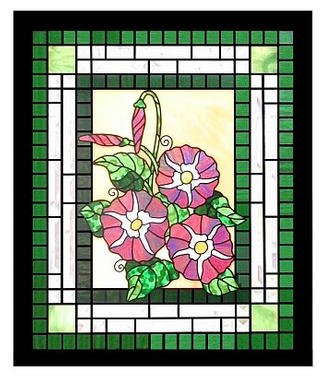 Mark Stine: 'Morning Glories', 2002 Stained Glass, Floral. Artist Description: Floral stained glass is, in my opinion,            often trite in its simplicity and lack of            originality. Whenever I do flowers in            stained glass, I try to do them justice.            This artwork depicting morning            glories ( currently for sale) is a classy            example of floral stained glass.            The central design ...