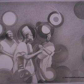 Moses Marquis Okpeyowa: 'Northern Minstrels', 2006 Pencil Drawing, Abstract Figurative. Artist Description:  This is shows the local musicians in the Northern parts of my country in performance. This is a drawing made in an abstract and motive form that displays the circles of musical combination of this Men's skills when playing their flutes and roud drums. ...