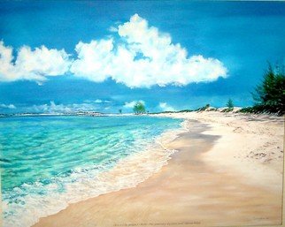 M Barona Caputo: 'Let us be glad and rejoice', 2006 Oil Painting, Beach.  A sunny and clear day with turqoise waters and golden sand. Scripture from the Book of Psalms ...